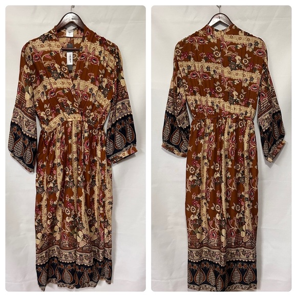 NWT Panache Brown Floral Kimono Long Wrap Dress Size M - Picture 1 of 16